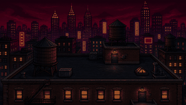 Pixel night rooftop over the city