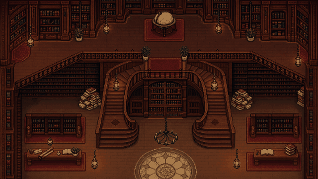 Pixel library with hanging lanterns